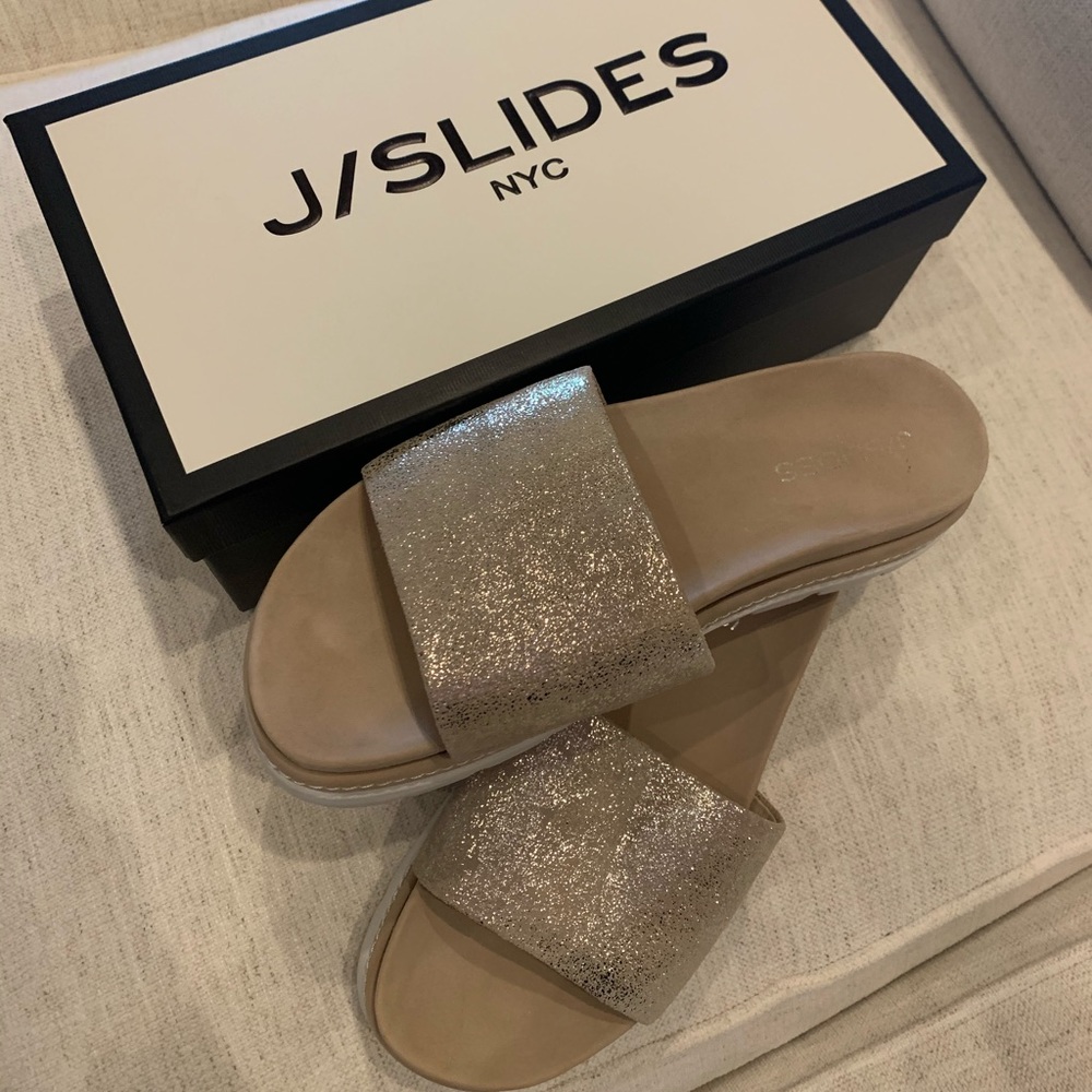 J / Slides NYC Gold Platform Slide Sandal 8.5